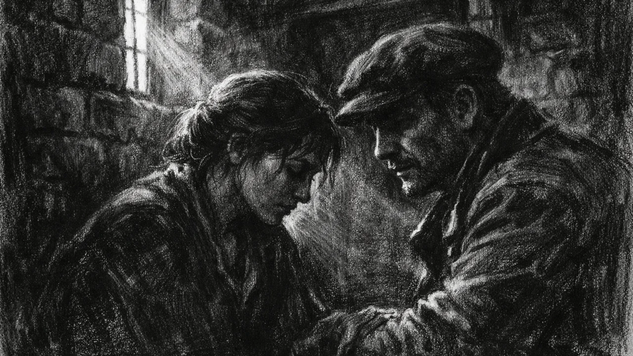 Intimna scena u charcoal film noir stilu, dvoje ljudi u polumraku kamene prostorije, snažne sjene i tiha emocionalna napetost