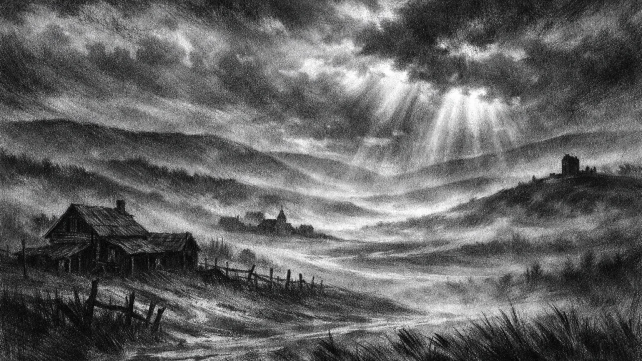 Atmosferski pejzaž u charcoal film noir stilu, maglovita dolina i brežuljci, crno-bijeli kontrast i osjećaj sudbine