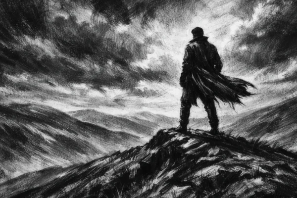 Hero scena u charcoal film noir stilu, usamljena figura na brežuljcima, snažan kontrast, duboke sjene i melankolična atmosfera slobode
