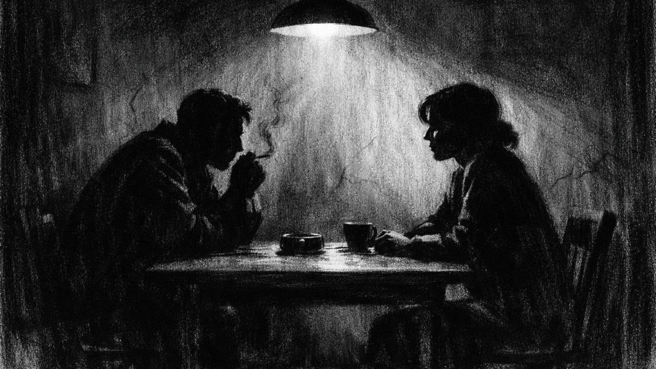 Dvoje ljudi u tihoj raspravi, siluete u mračnoj sobi, izražene sjene i kontrast, charcoal film noir stil s emocionalnom težinom.