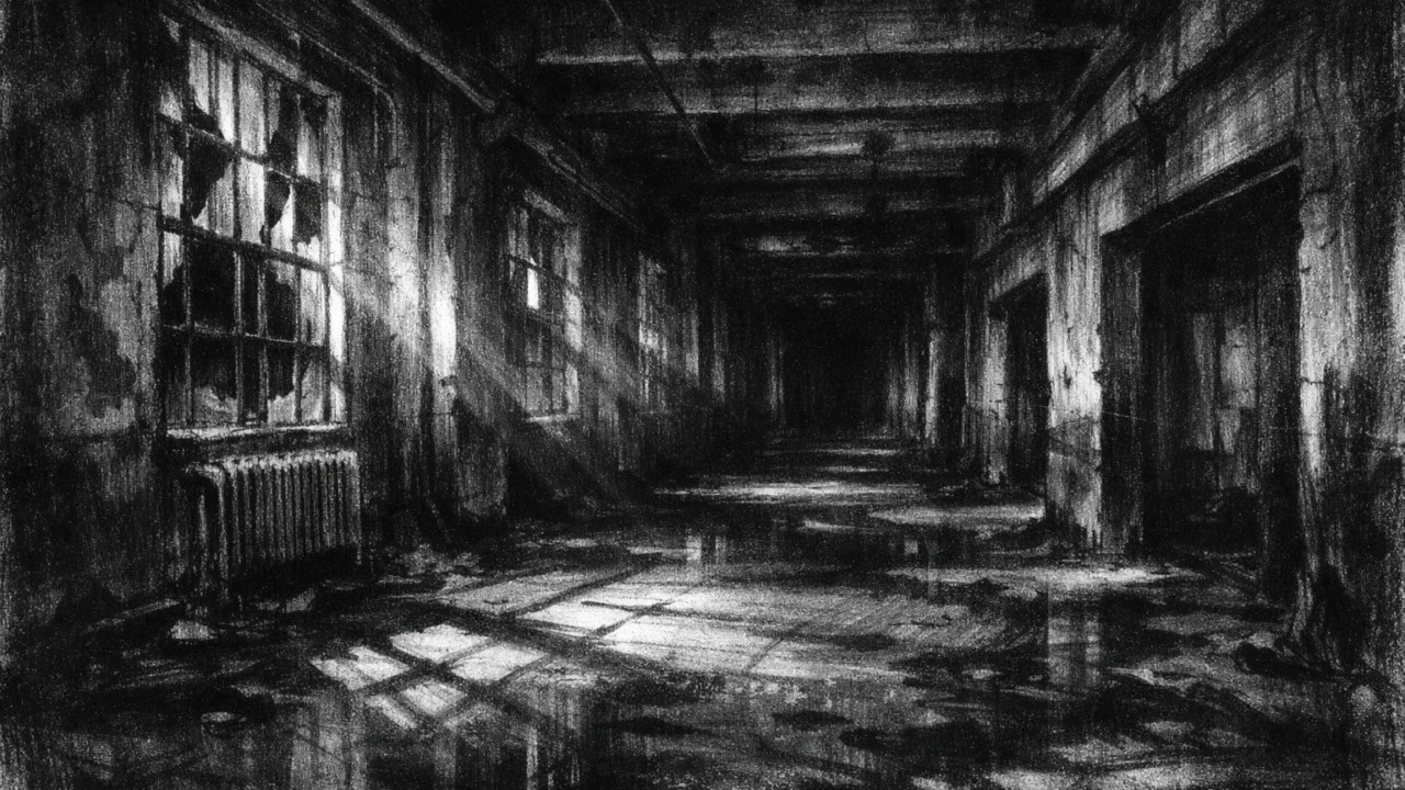 Napusteni industrijski prostor s mjesečinom i dubokim sjenama, simbolična praznina i propadanje, charcoal film noir stil.