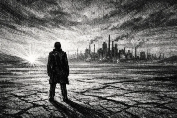 Usamljena figura u pustinji, snažne sjene i dramatično svjetlo, charcoal film noir stil, crno-bijela atmosfera puna napetosti i introspekcije.