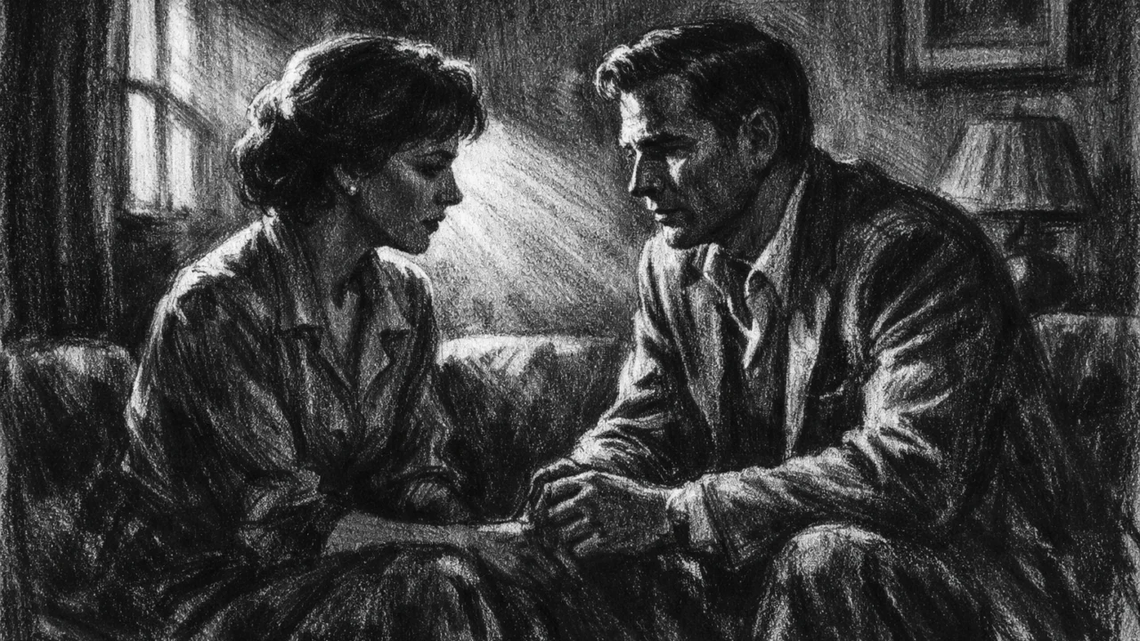 Tiha scena dvoje ljudi u interijeru, naglašene emocije i sjene u charcoal film noir stilu, crno-bijeli prikaz suptilne bliskosti i unutarnje dileme.