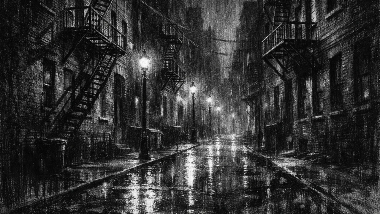 Atmosferska gradska ulica s kišom i svjetlima, praznina i introspektivni ugođaj prikazani u charcoal film noir stilu, crno-bijela visoka kontrastnost.
