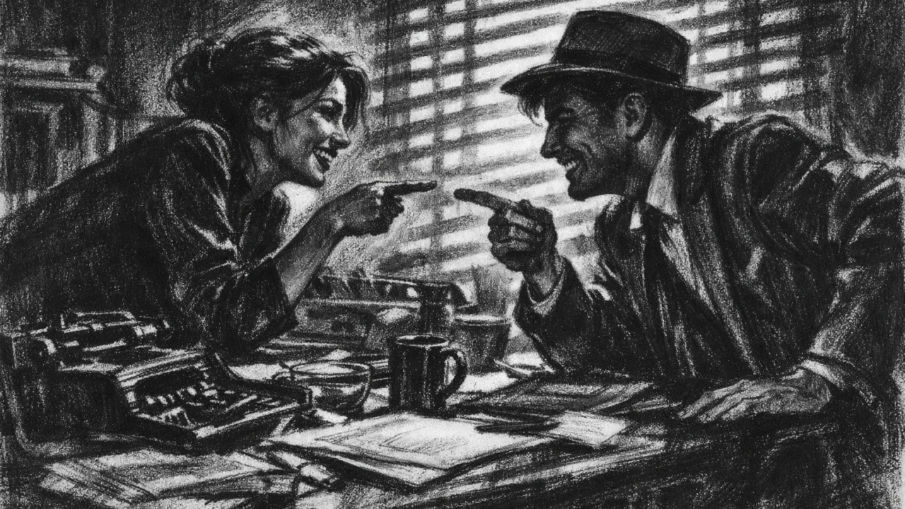 Dvoje ljudi u živahnom razgovoru u zatvorenom prostoru, prikazano u charcoal film noir stil, crno-bijelo, s jakim kontrastom, dubokim sjenama i naglašenom emocionalnom toplinom.