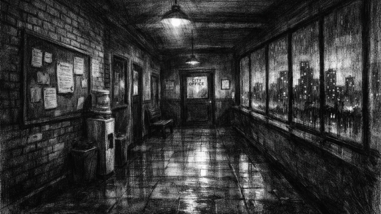 Atmosferski gradski interijer u sumrak, prazan hodnik prikazan u charcoal film noir stil, crno-bijeli tonovi, visoki kontrast i duboke sjene koje naglašavaju mirnu, simboličnu atmosferu.