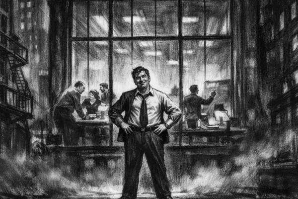 Kinematografski poster s urbanim radnim prostorom noću, izrađen u charcoal film noir stil, crno-bijeli kontrast, duboke sjene i dramatično osvjetljenje stvaraju toplu, ali ozbiljnu atmosferu.