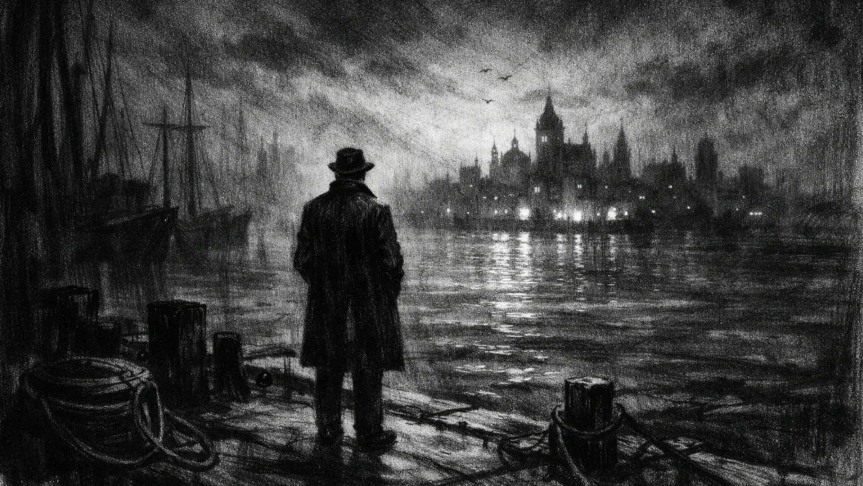 Kinematografski poster s usamljenom figurom na obali, snažan kontrast i duboke sjene u charcoal film noir stilu, crno-bijela atmosfera ispunjena čežnjom i nadom.