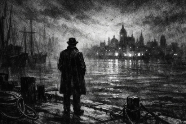 Kinematografski poster s usamljenom figurom na obali, snažan kontrast i duboke sjene u charcoal film noir stilu, crno-bijela atmosfera ispunjena čežnjom i nadom.
