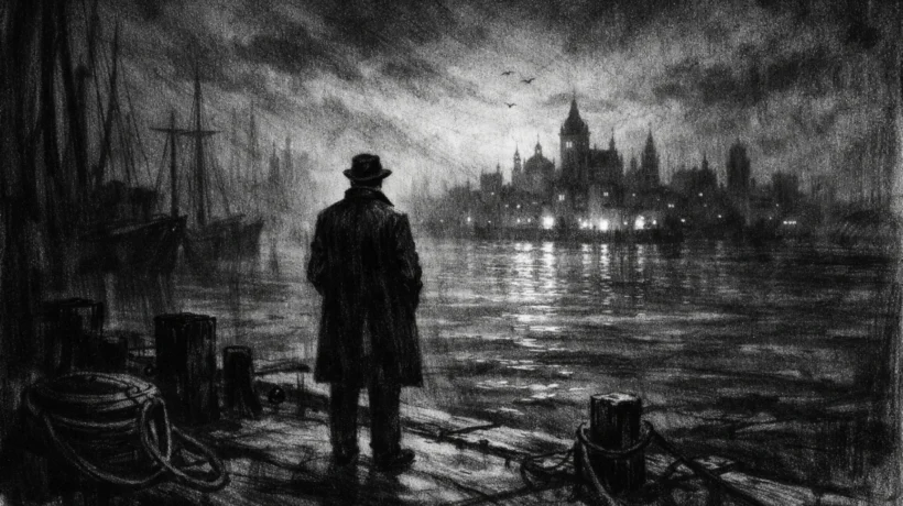 Kinematografski poster s usamljenom figurom na obali, snažan kontrast i duboke sjene u charcoal film noir stilu, crno-bijela atmosfera ispunjena čežnjom i nadom.