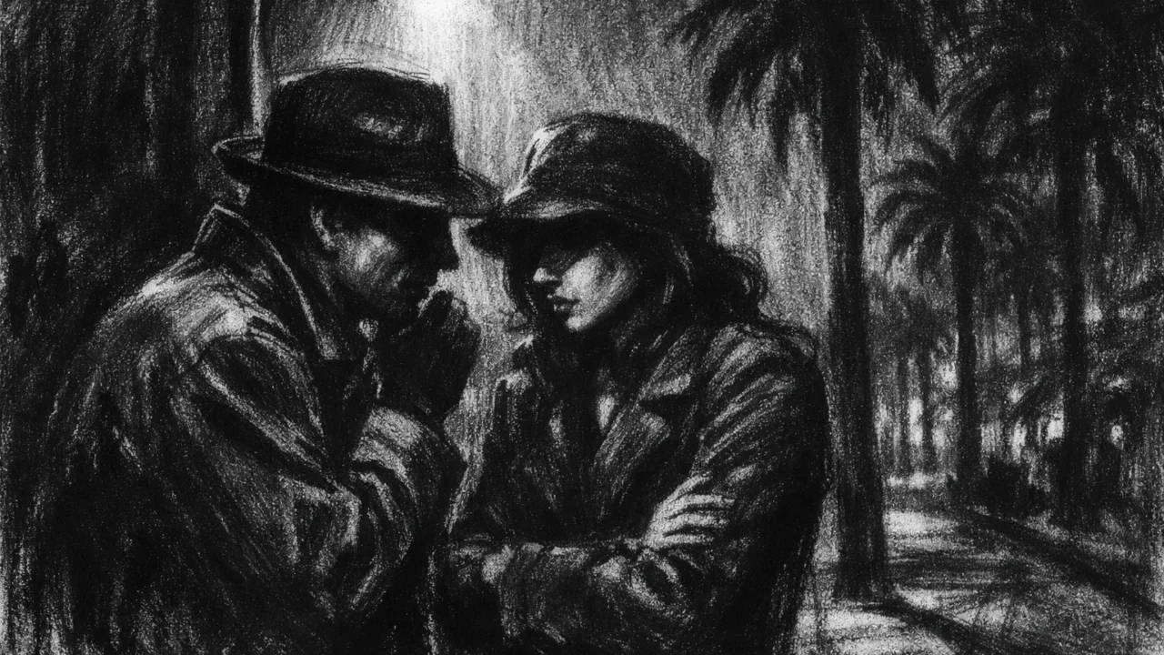 Dvoje ljudi u tihom razgovoru pod uličnim svjetlom, izražene sjene i emocije u charcoal film noir stilu, crno-bijeli prizor pun suptilne napetosti.