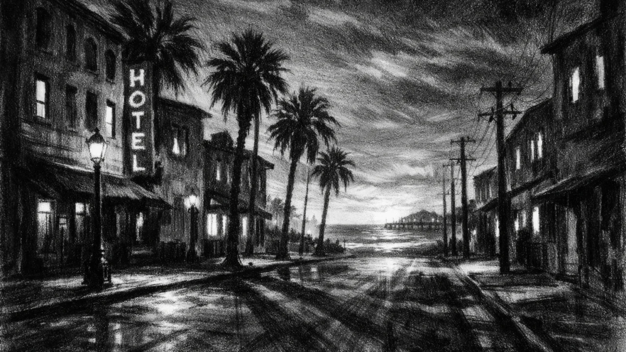 Prazne obalne ulice s palmama i dugim sjenama u sumrak, snažan ugođaj grada prikazan u charcoal film noir stilu, crno-bijela melankolija.