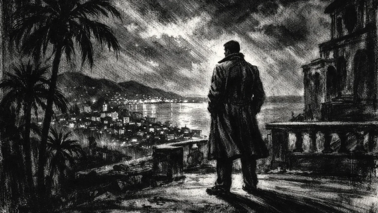 Usamljena figura iznad obalnog grada u noći, snažne sjene i svjetla u charcoal film noir stilu, crno-bijela atmosfera puna napetosti i melankolije.
