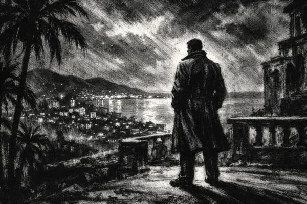Usamljena figura iznad obalnog grada u noći, snažne sjene i svjetla u charcoal film noir stilu, crno-bijela atmosfera puna napetosti i melankolije.