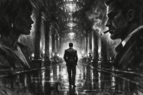 Filmski poster u charcoal film noir stilu, crno-bijeli prizor s usamljenom figurom u raskošnom interijeru, duboke sjene i dramatično svjetlo stvaraju mračnu, napetu atmosferu.
