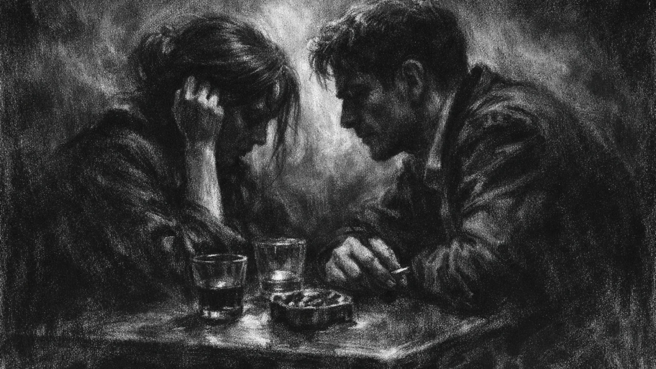 Intimna scena u charcoal film noir stilu, dvije osobe u tihom razgovoru, crno-bijeli kontrast, duboke sjene i izražena emocionalna napetost.