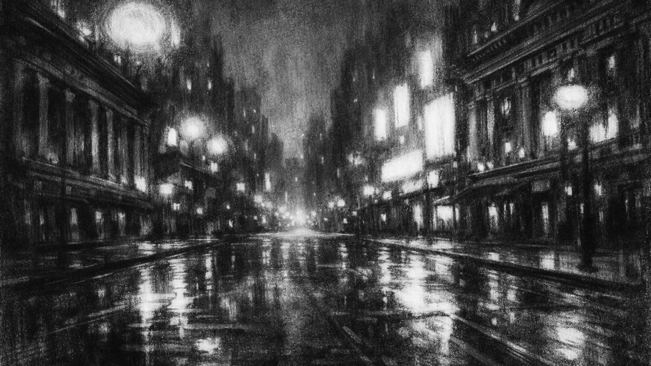 Atmosferski gradski pejzaž u charcoal film noir stilu, crno-bijeli prikaz svjetala i sjena koji simbolizira raskoš i melankoliju.