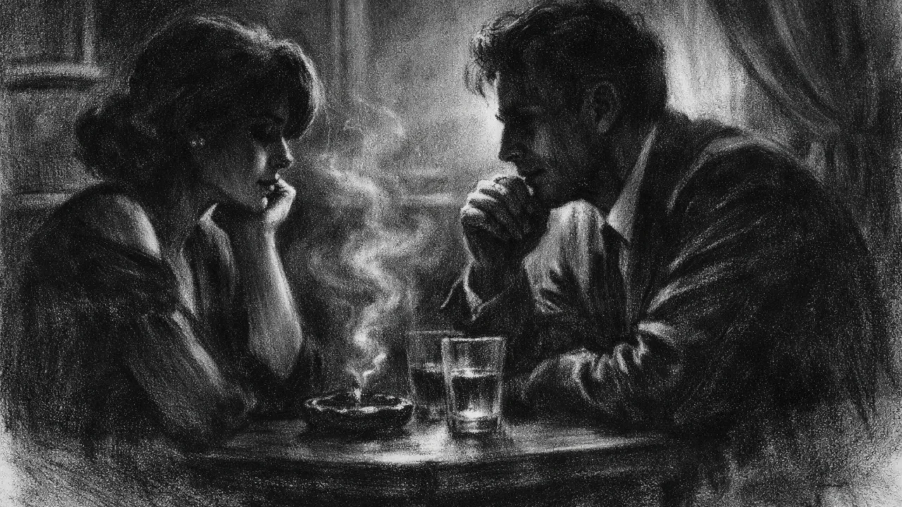 Intimna crno-bijela scena u charcoal film noir stilu, dvoje ljudi u tihom razgovoru, lica djelomično u sjeni, naglašena emocionalna bliskost i napetost