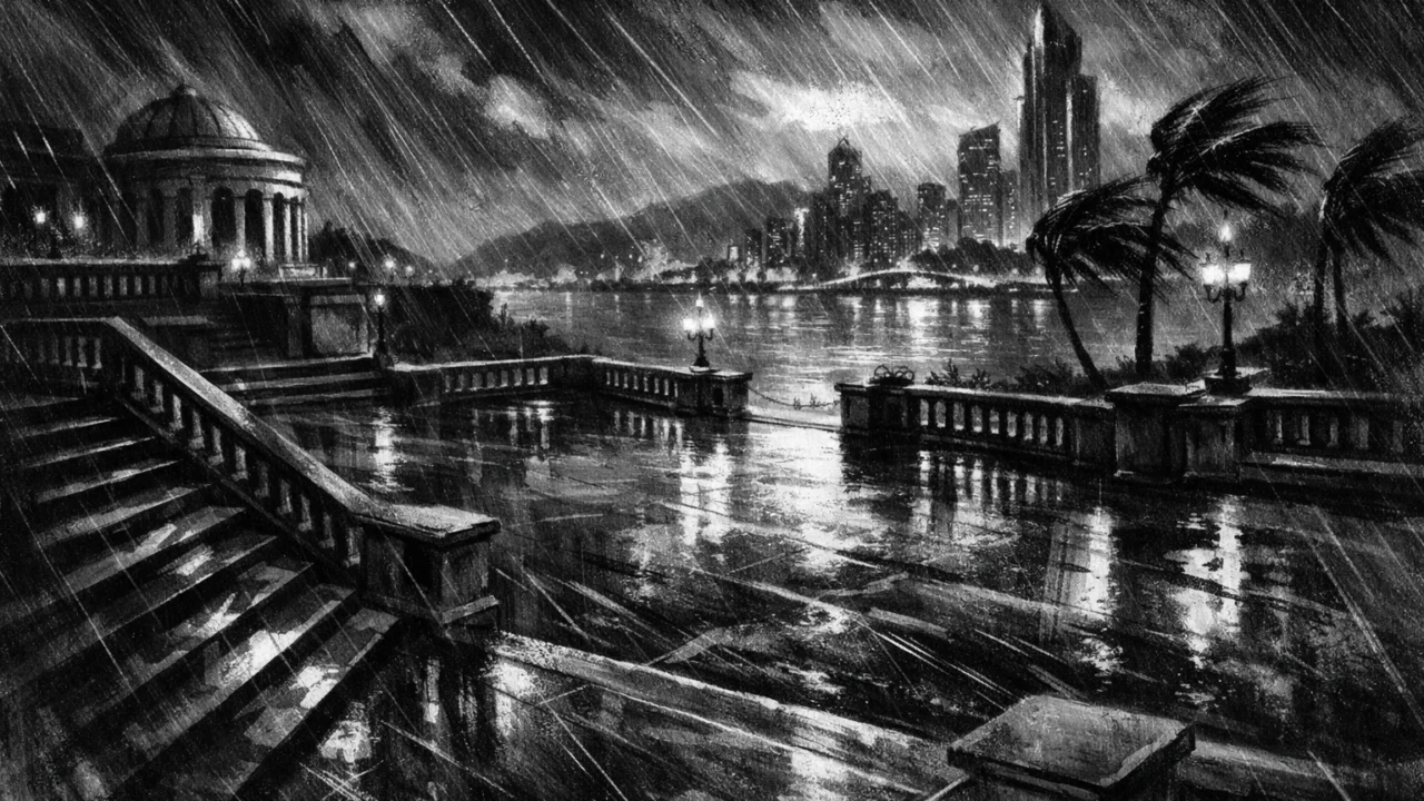Atmosferski prikaz noćnog grada u charcoal film noir stilu, crno-bijela arhitektura uz obalu, prazni prostori, duboke sjene i osjećaj izolacije i elegancije