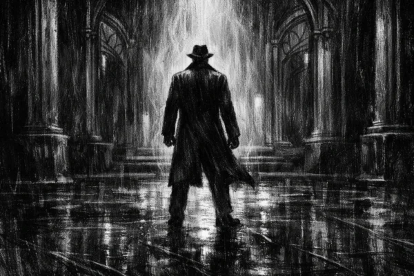 Filmski poster u charcoal film noir stilu, crno-bijela scena s usamljenom figurom u monumentalnom interijeru, duboke sjene, visoki kontrast i snažna emocionalna napetost