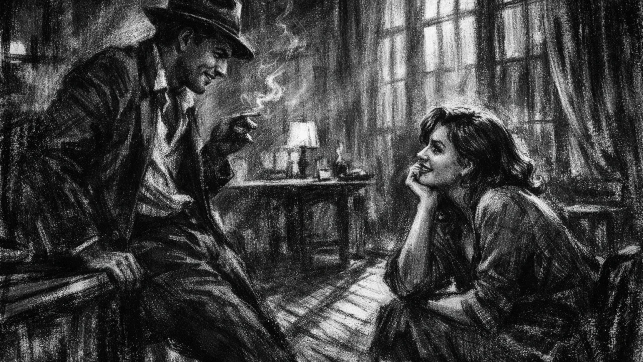 Dvoje ljudi u tihom razgovoru u potkrovlju, dugi sjene i mekano svjetlo, charcoal film noir stil, crno-bijela intimna scena.