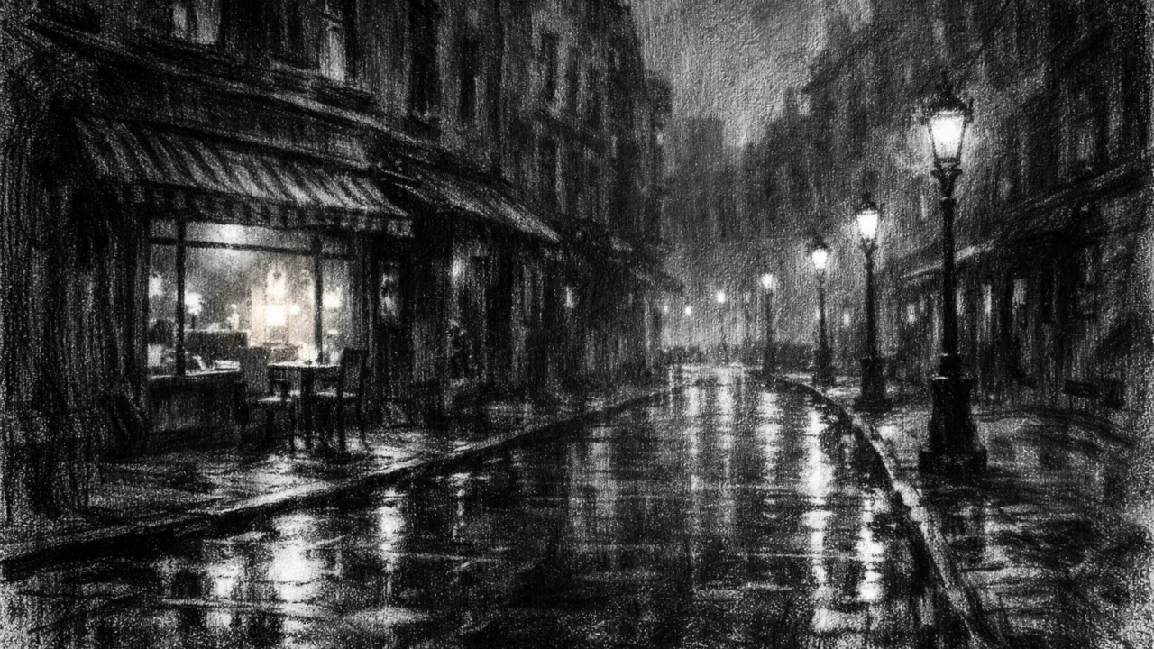 Noćna gradska ulica s lampama i mokrim pločnikom, usamljeni kafić svijetli u tami, charcoal film noir stil, crno-bijela atmosfera.