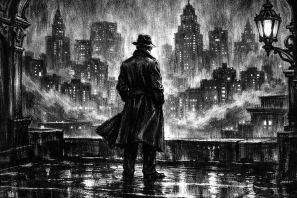 Filmski poster s usamljenom figurom na krovu grada, kišna noć i panorama, charcoal film noir stil, crno-bijelo, snažni kontrasti i mračna atmosfera.