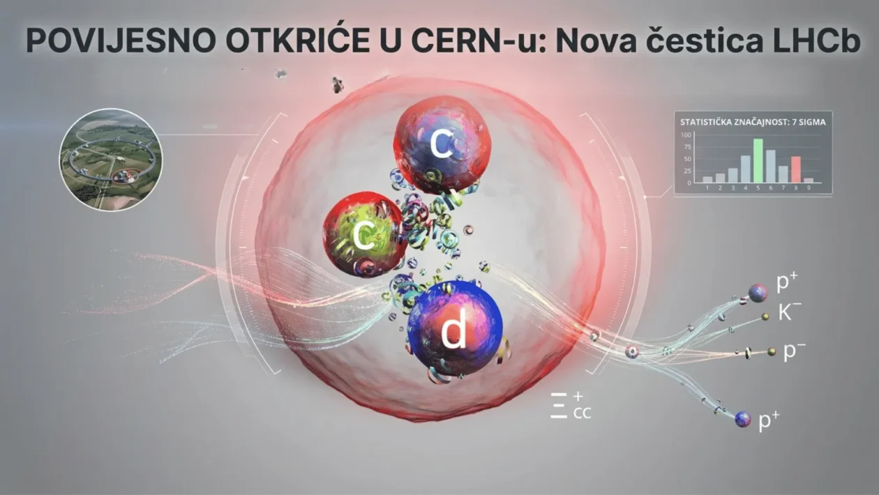 Umjetnički prikaz nove čestice LHCb sastavljene od dva charm kvarka i down kvarka, otkrivene u LHCb eksperimentu.