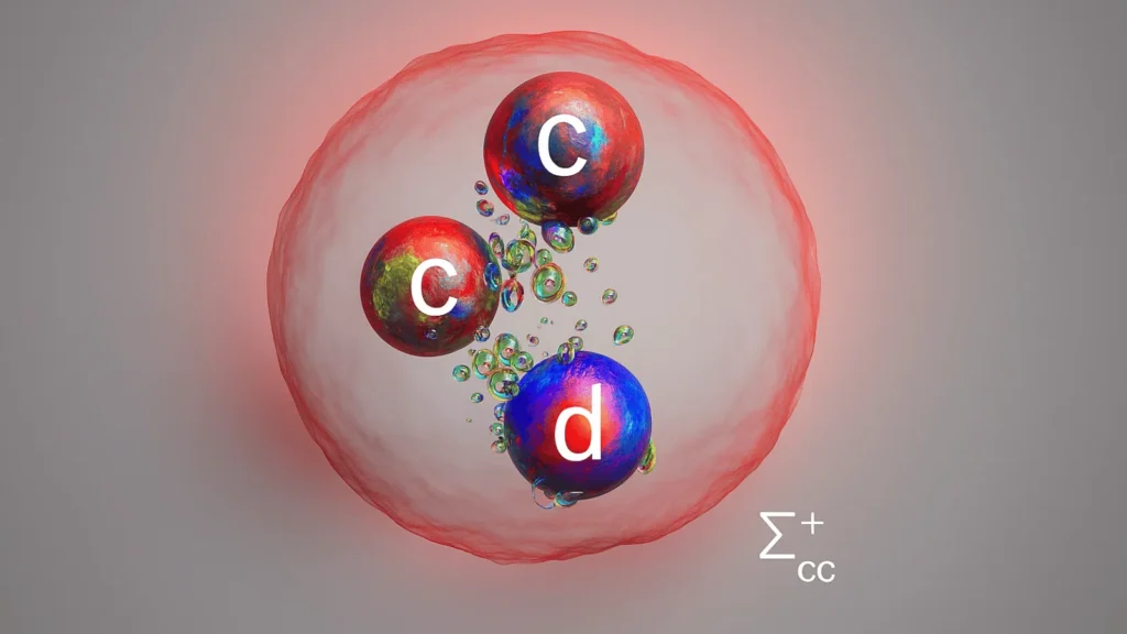 Umjetnički prikaz nove čestice LHCb sastavljene od dva charm kvarka i down kvarka, otkrivene u LHCb eksperimentu.
