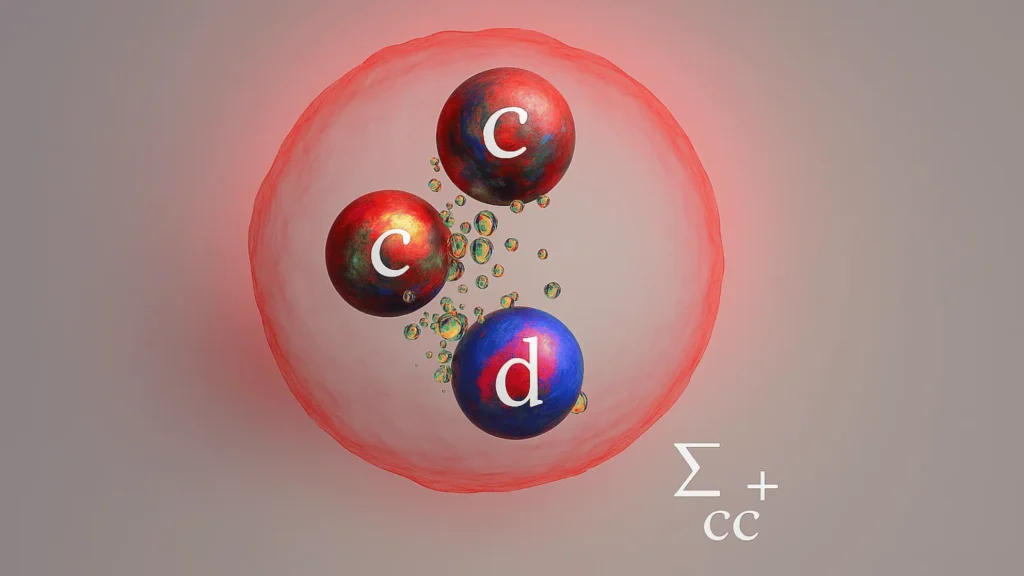 Umjetnički prikaz nove čestice LHCb sastavljene od dva charm kvarka i down kvarka, otkrivene u LHCb eksperimentu.