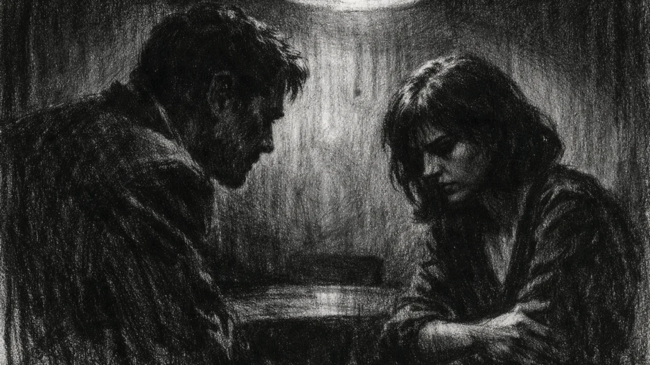 Dramatična unutarnja scena u charcoal film noir stilu: dvoje ljudi u tihom razgovoru, snažni kontrasti svjetla i sjene, osjećaj nelagode.