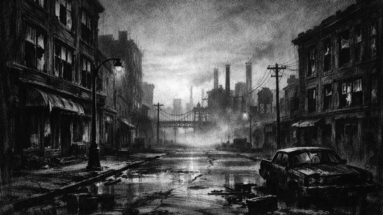Atmosferski pejzaž napuštenog grada u charcoal film noir stilu, crno-bijelo, magla, duboke sjene i osjećaj praznine.