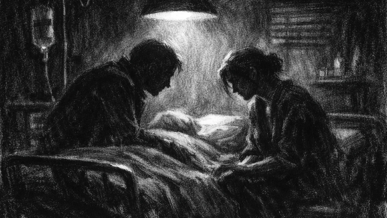 Emotivni prizor razgovora u bolničkoj sobi, suptilne geste i teška atmosfera u charcoal film noir stilu.