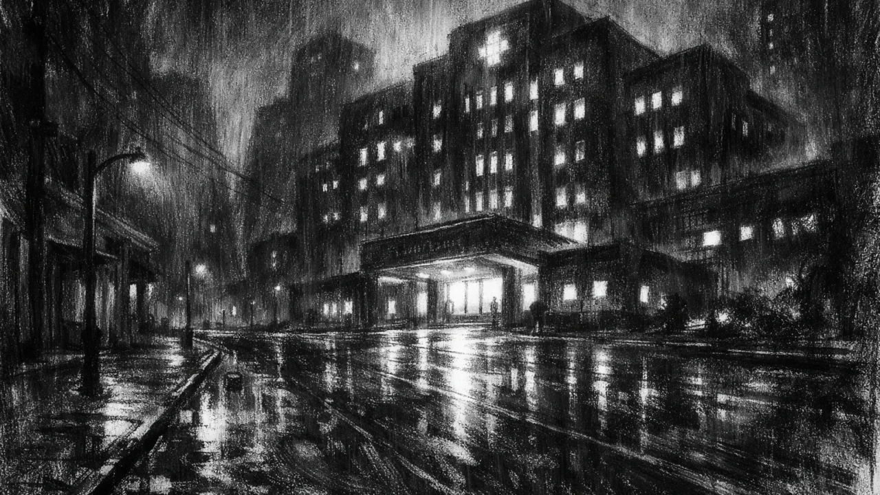 Noćni gradski ambijent bolnice s kišom i refleksijama, snažan kontrast i melankolija u charcoal film noir stilu.