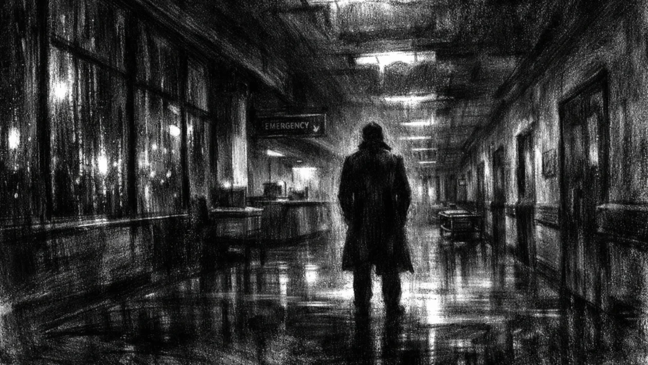 Plakat s usamljnom figurom u bolničkom hodniku, snažne sjene i dramatično svjetlo u charcoal film noir stilu.