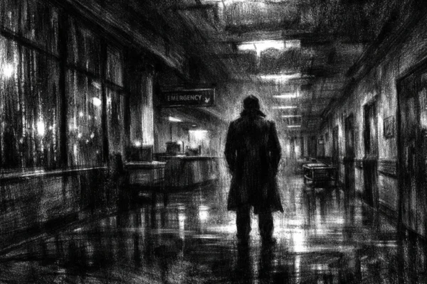 Plakat s usamljnom figurom u bolničkom hodniku, snažne sjene i dramatično svjetlo u charcoal film noir stilu.