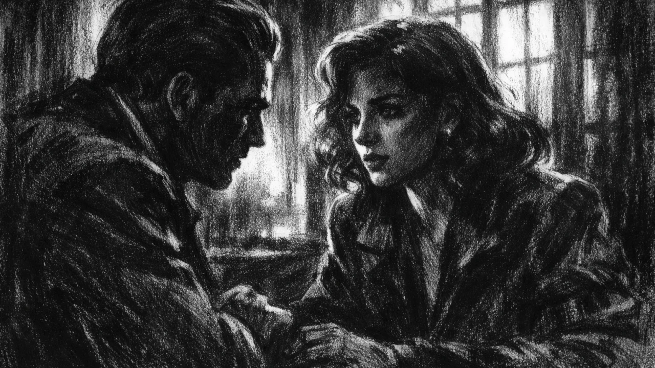 Emotivna scena razgovora u charcoal film noir stilu, crno-bijela unutrašnjost s jakim kontrastom, sjenama i osjećajem nepovjerenja.