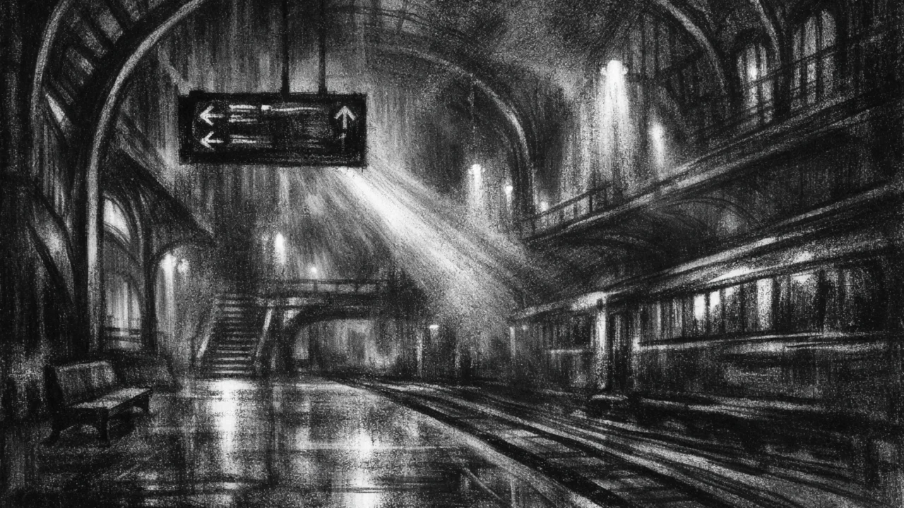 Atmosferski ambijent prazne stanice u charcoal film noir stilu, crno-bijeli prizor s dubokim sjenama, maglom i osjećajem globalne tajne.