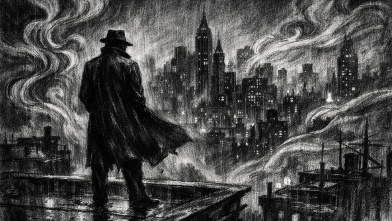Cinematični prizor u charcoal film noir stilu, crno-bijeli grad s dubokim sjenama i usamljenom figurom na krovu, atmosfera tajanstvena i melankolična.