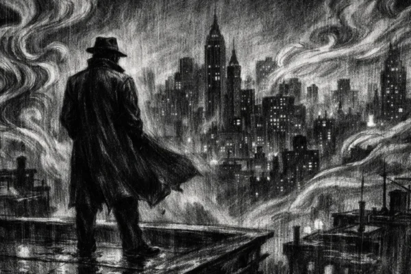 Cinematični prizor u charcoal film noir stilu, crno-bijeli grad s dubokim sjenama i usamljenom figurom na krovu, atmosfera tajanstvena i melankolična.