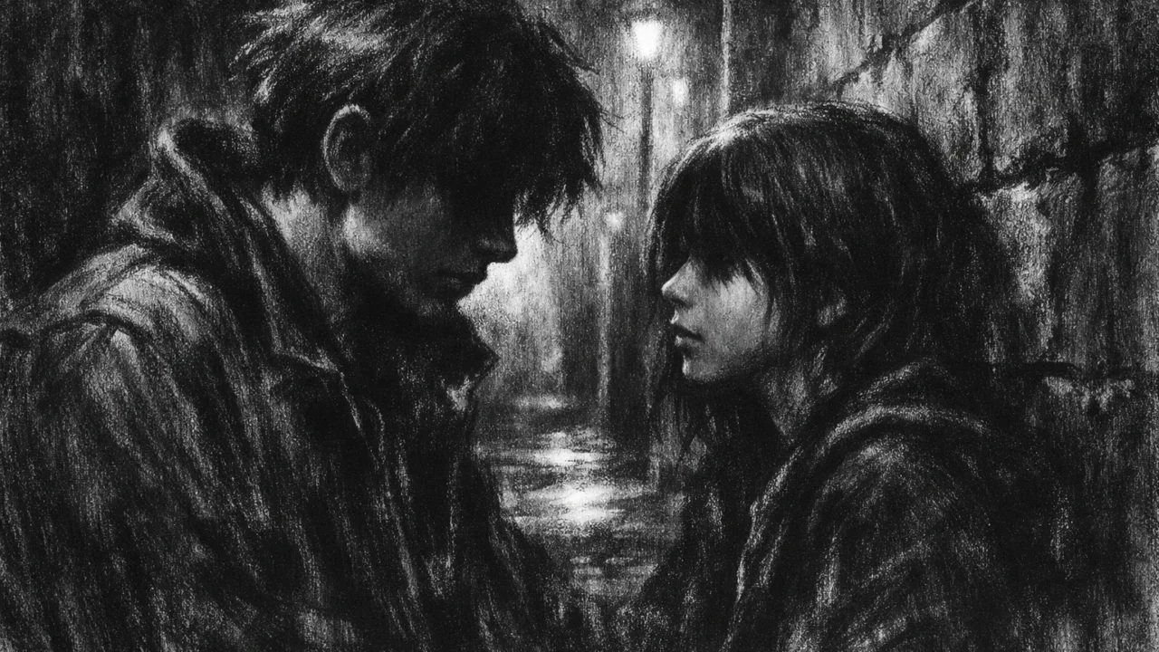 Dvije figure u tihom razgovoru u mračnoj ulici, naglašene emocije i sjene, charcoal film noir stil u crno-bijeloj izvedbi.