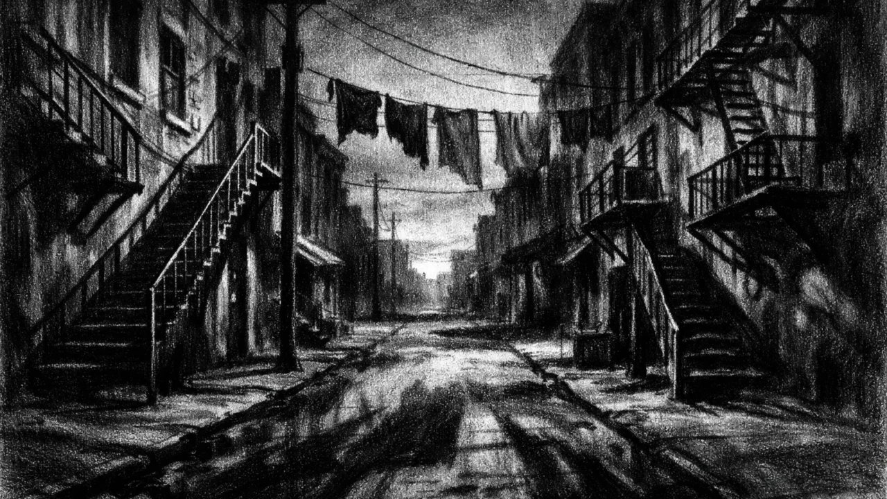 Prazna urbana ulica u zoru s dugim sjenama i teksturiranim zgradama, snažan ugođaj realizma, charcoal film noir stil.