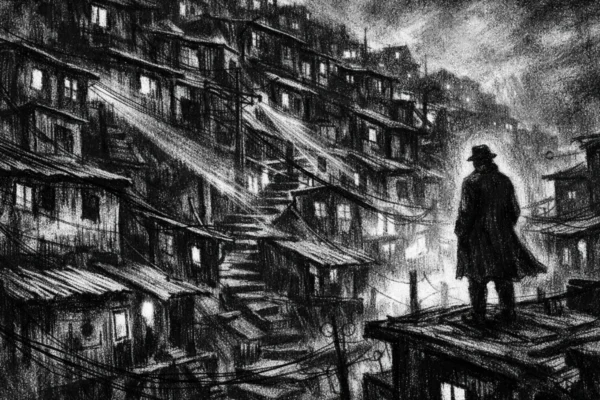 Cinematična scena naselja u crno-bijeloj atmosferi, charcoal film noir stil, s dubokim sjenama i usamljenom siluetom koja gleda prema horizontu.