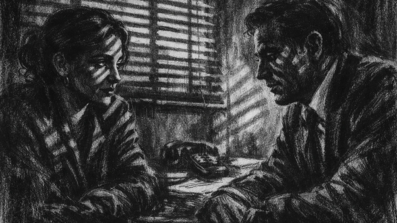 Dvoje ljudi u tihom razgovoru u tamnom uredu, kontrastno svjetlo i sjene, charcoal film noir stil