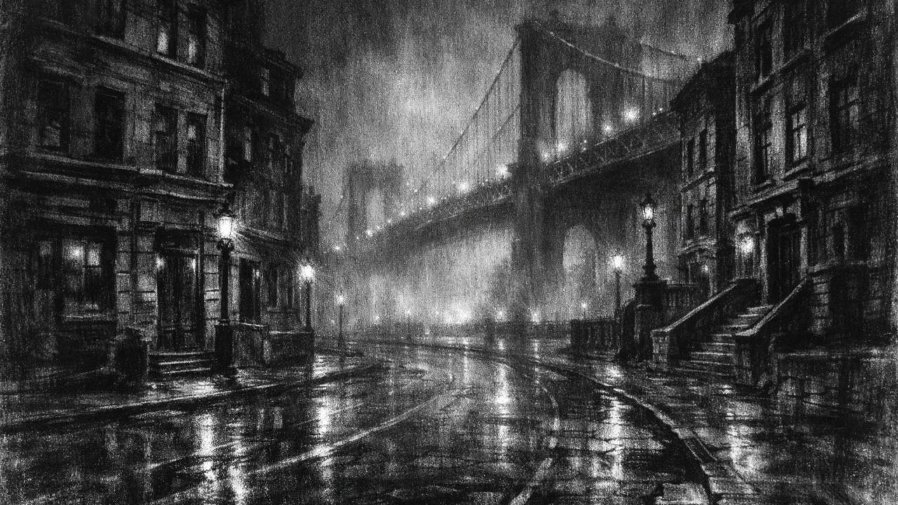 Noćni gradski pejzaž s mostom u magli, sumorna atmosfera i duboke sjene, charcoal film noir stil
