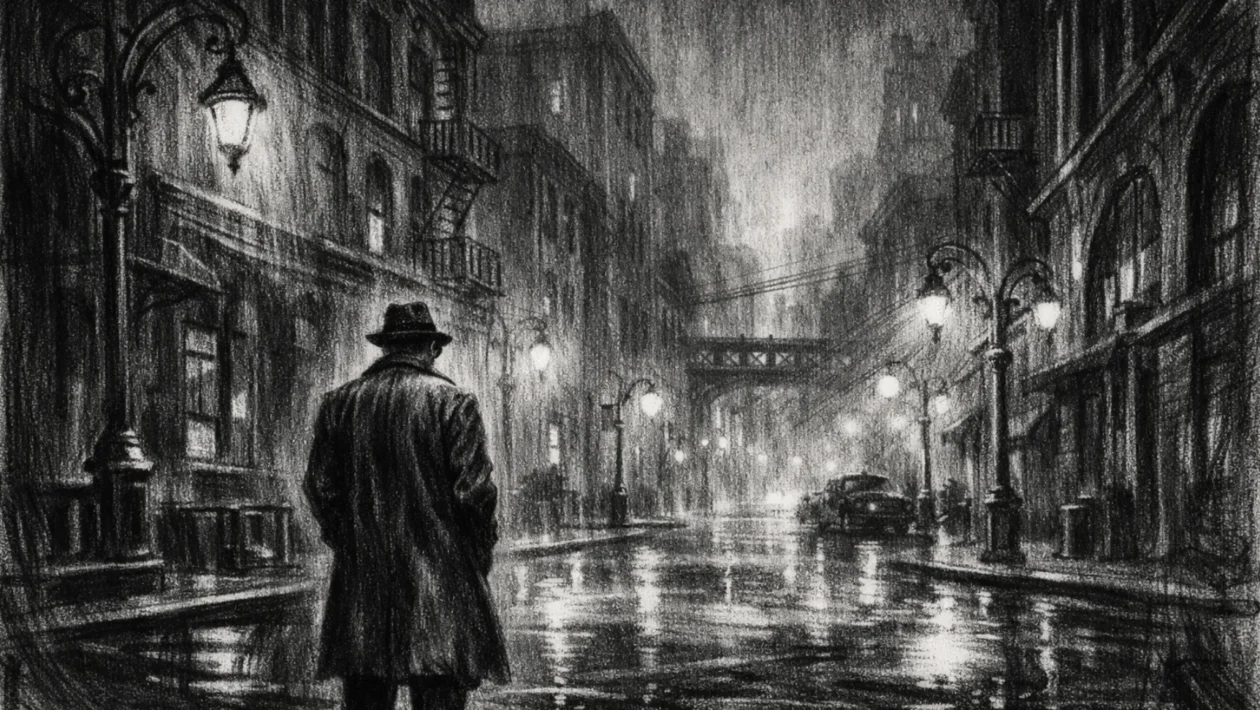 Usamljena figura u mračnom gradskom krajoliku, snažne sjene i magla, izražajni crtež u charcoal film noir stilu