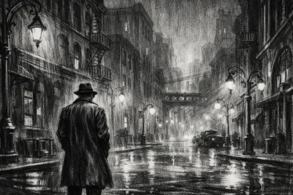 Usamljena figura u mračnom gradskom krajoliku, snažne sjene i magla, izražajni crtež u charcoal film noir stilu