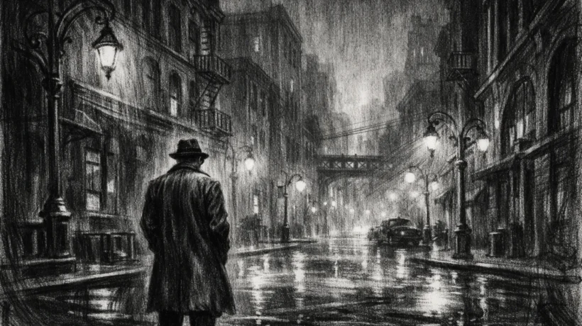 Usamljena figura u mračnom gradskom krajoliku, snažne sjene i magla, izražajni crtež u charcoal film noir stilu