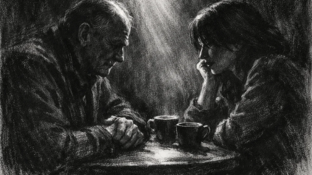 Intimna scena u charcoal film noir stil, crno-bijela kompozicija s jakim kontrastom koja izražava emocije, obiteljsku povezanost i nostalgiju