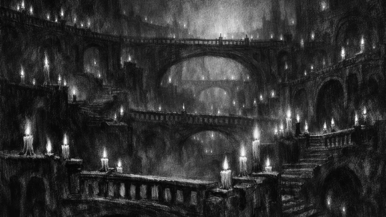 Atmosferski pejzaž u charcoal film noir stil, crno-bijeli grad sjenâ i svjetala koji simbolizira sjećanje, prolaznost i identitet